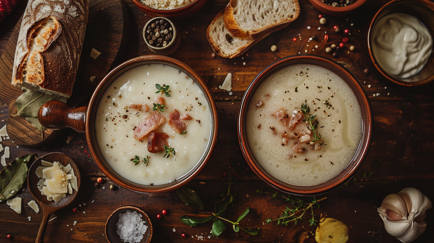 Barszcz biały et żurek côte à côte - deux soupes pascales polonaises servies avec lardons et herbes fraîches