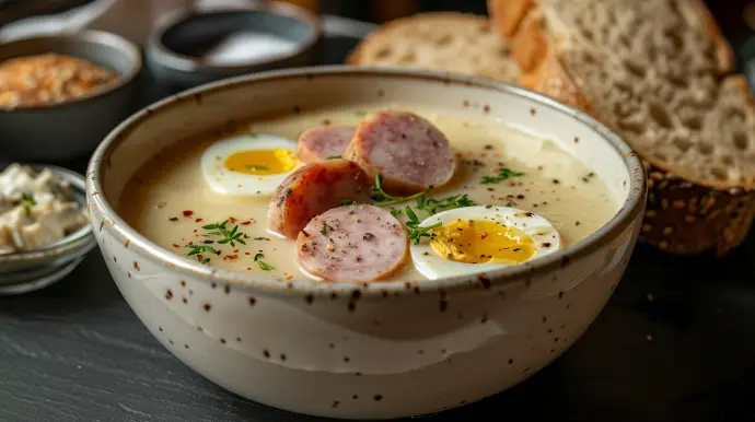 Authentique barszcz biały polonais avec saucisse blanche, œufs et herbes - soupe traditionnelle de Pâques