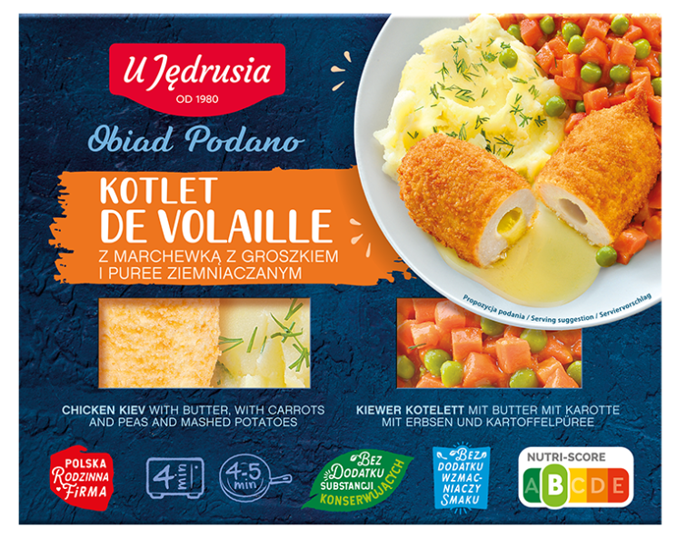 Côtelette de volaille avec beurre, carottes, petits pois et purée de pommes de terre 400g - UJ